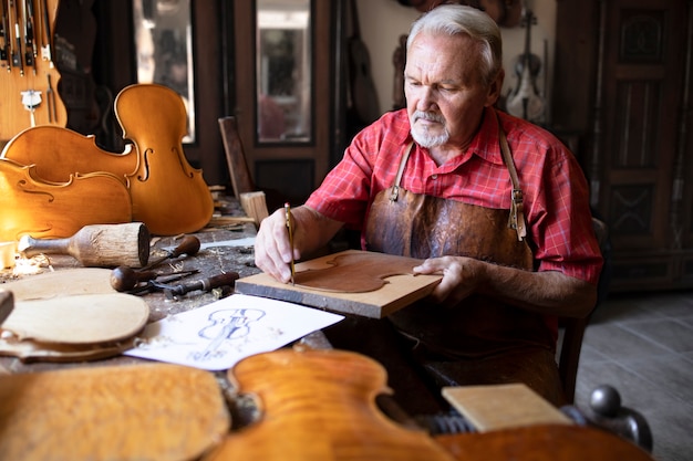 Leitender Schreinerhandwerker, der Geigenmusikinstrument in seiner altmodischen Tischlerwerkstatt macht