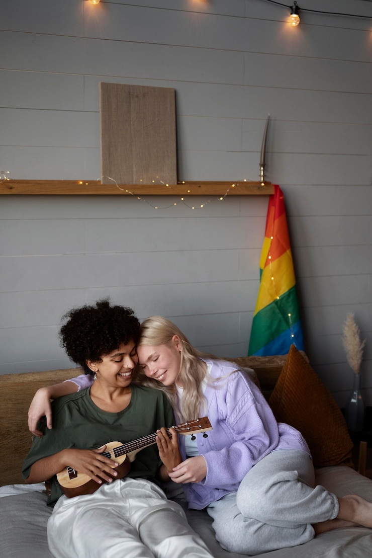Kostenlose Foto lesbisches paar mit regenbogenfahne