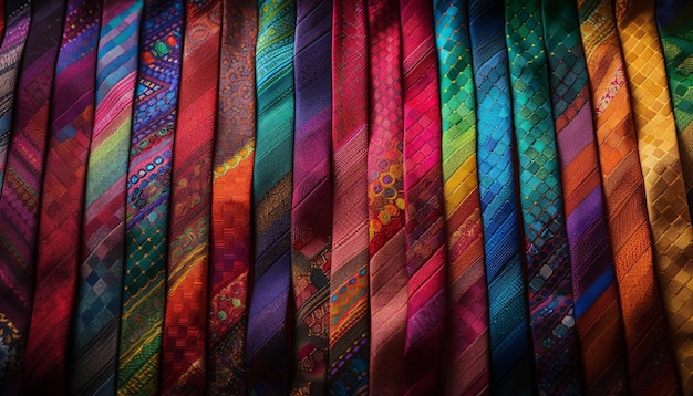 Leuchtend farbige, gemusterte Textilien in einer Reihe, generiert von KI