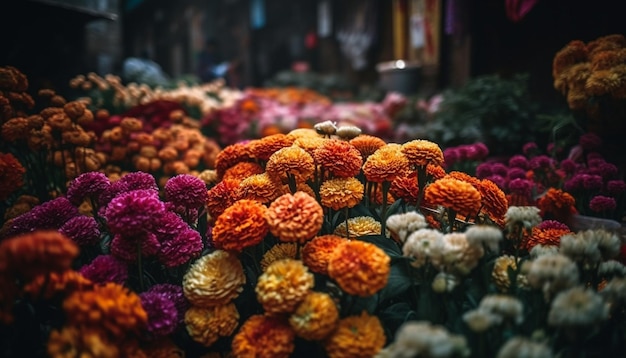 Leuchtend farbiger Blumenstrauß aus bunten Blumen im Freien, generiert von KI