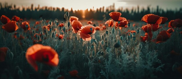 Leuchtend schöne Blüten roter Mohnblumen im Feld AI-generiertes Bild