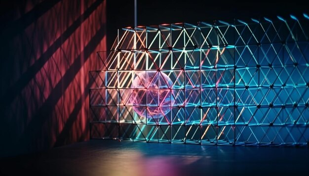 Leuchtende abstrakte Kulisse beleuchtet futuristischen Nachtclub-Aufführungsraum, der von KI generiert wird