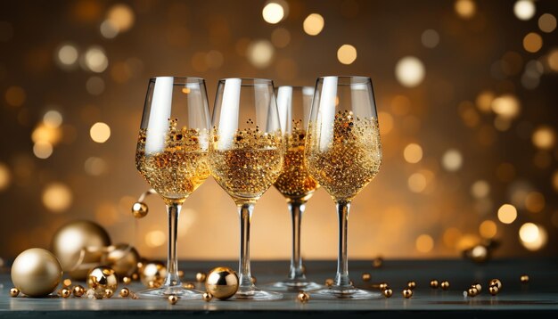 Leuchtende Champagnergläser erhellen das luxuriöse Festfest, das durch künstliche Intelligenz erzeugt wird