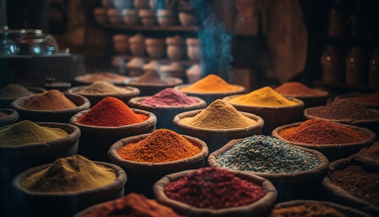 Kostenlose Foto leuchtende farben von gewürzen in einer reihe, die von ki generiert werden