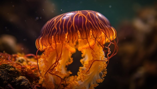 Kostenloses Foto leuchtende medusa schwimmt in buntem, von ki erzeugtem korallenriff