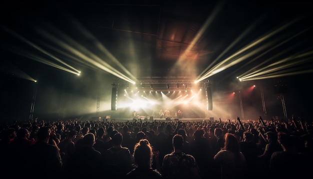 Leuchtendes Bühnenlicht beleuchtet jubelnde Rockfans, die von KI generiert werden