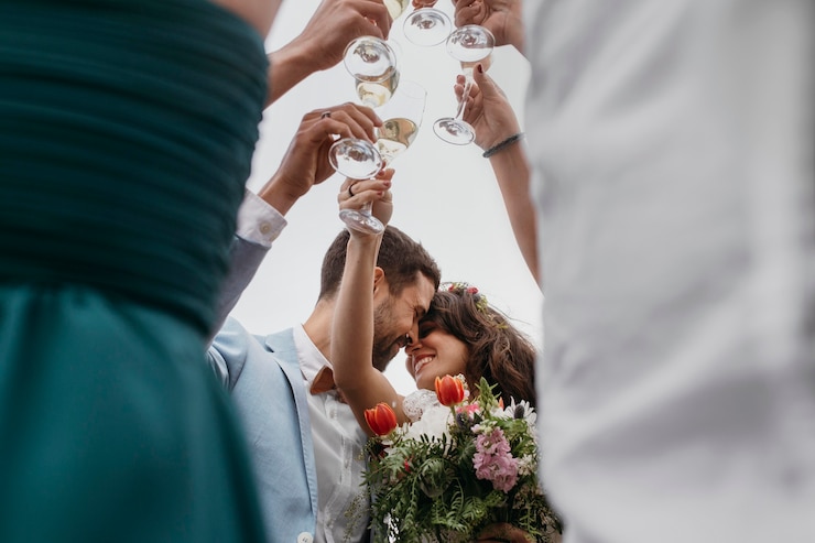 Kostenlose Foto leute, die mit ihren freunden am strand heiraten
