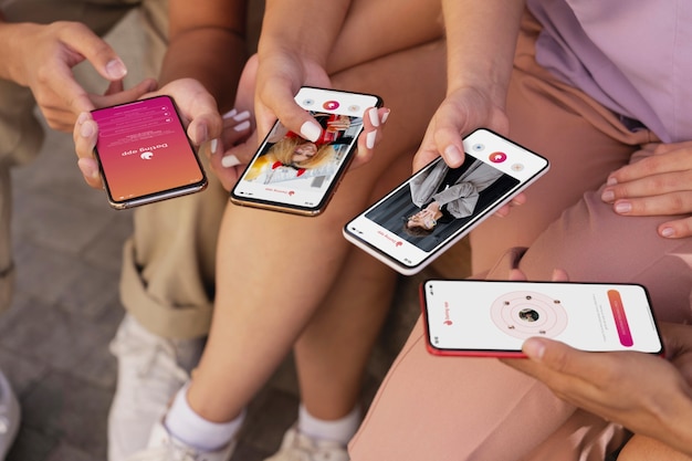 Kostenloses Foto leute, die smartphones mit dating-apps halten