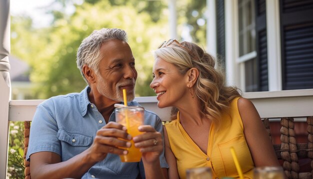 Liebe und gemeinsames Lachen beim Trinken im Freien, generiert von KI