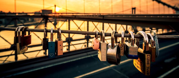 Liebesschlösser auf der Brooklyn Bridge, New York, mit Sonnenaufgang im Hintergrund.