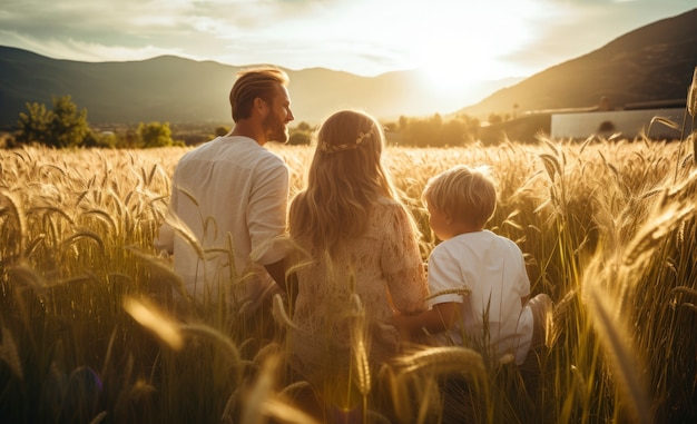 Liebevolle Beziehung der Familie auf einem Feld bei Sonnenuntergang