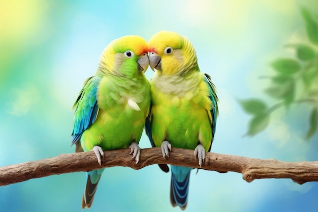 Liebevolle Vögel sitzen zusammen auf einem Zweig