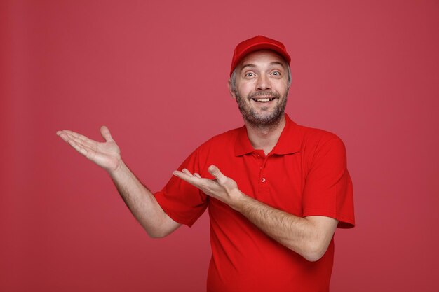 Lieferbote-Angestellter in roter Kappe, leerer T-Shirt-Uniform, der glücklich und positiv lächelnd in die Kamera schaut und sich fröhlich mit Armen seiner Hände präsentiert, die über rotem Hintergrund stehen