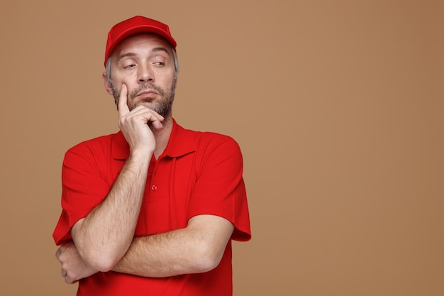 Lieferbote-Mitarbeiter in roter Kappe, leerem T-Shirt, Uniform, der mit nachdenklichem Ausdruck beiseite schaut und über braunem Hintergrund steht