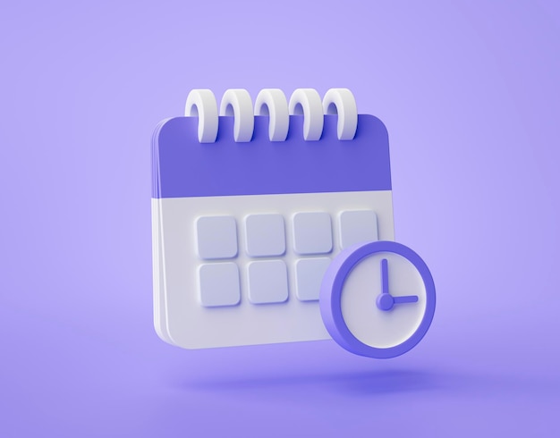 Lila Kalender Uhr Symbol 3d Erinnerung Benachrichtigung Konzept Website ui auf lila Hintergrund 3D-Darstellung