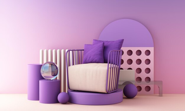 Lila und rosa farbtrend 2022 stühle, sofa, sessel im leeren hintergrund. umgeben von geometrischer form konzept des minimalismus installationskunst. 3d-rendering-modell
