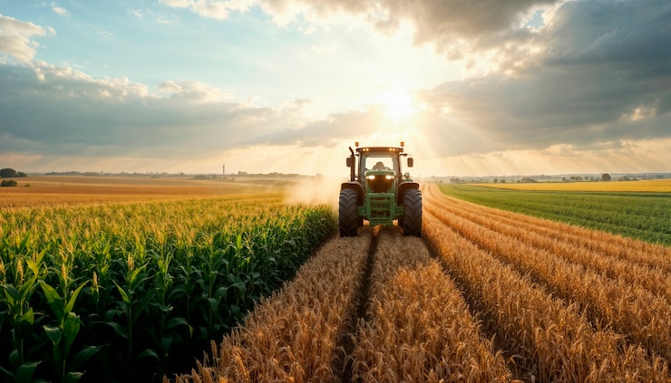 Kostenlose Foto lkw arbeitet an einem sonnigen tag auf dem feld