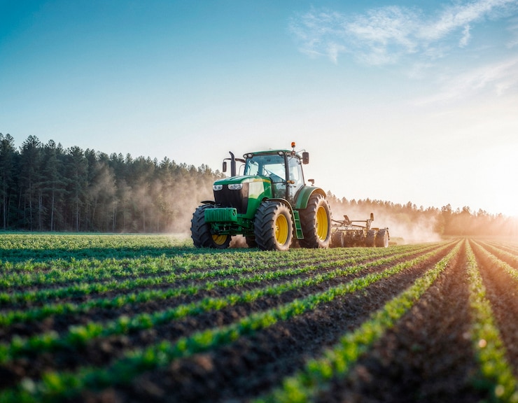 Kostenlose Foto lkw arbeitet an einem sonnigen tag auf dem feld