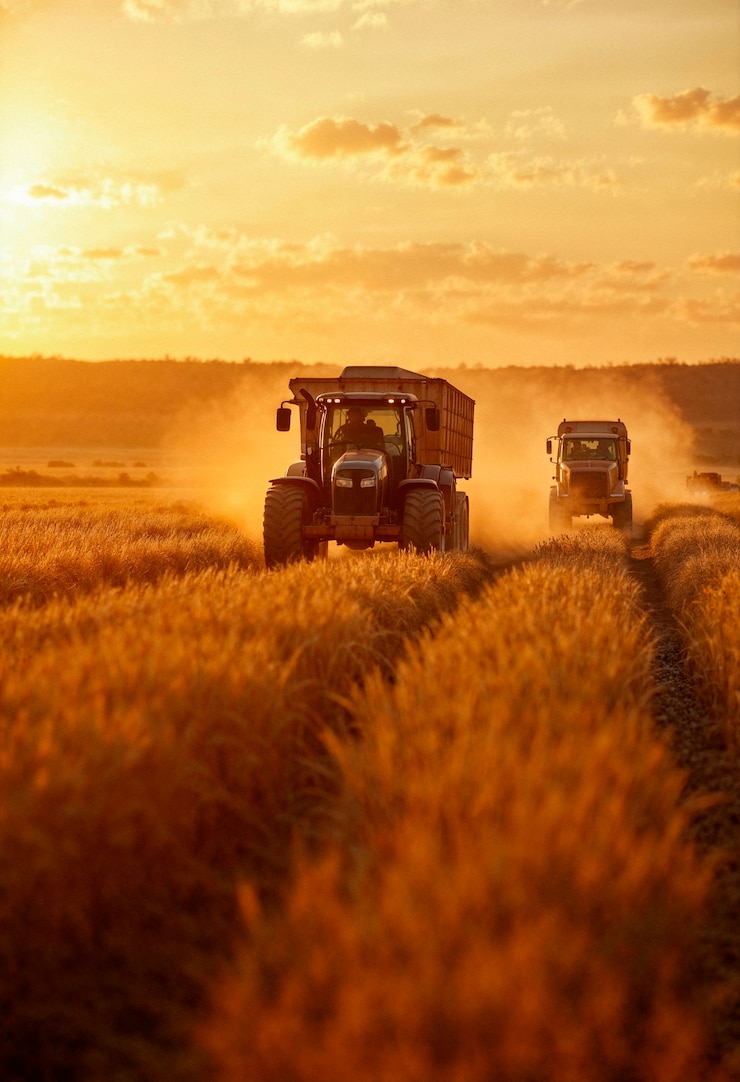 Kostenlose Foto lkw arbeitet an einem sonnigen tag auf dem feld