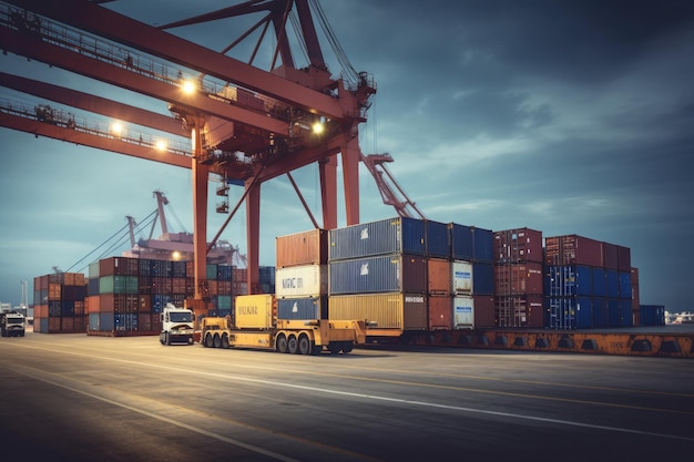 Logistik und Transport von Containerfrachtschiffen und Frachtflugzeugen mit funktionierender Kranbrücke in der Werft bei Sonnenaufgang logistischer Import-Export- und Transportindustriehintergrund Ai generativ