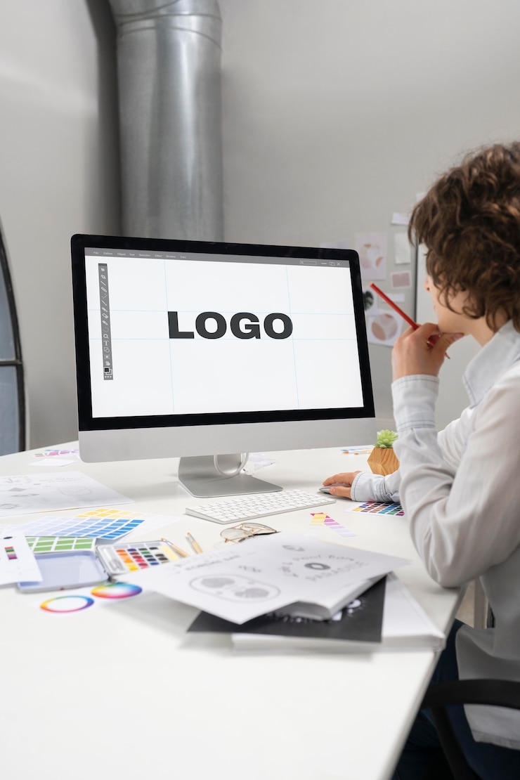 Kostenlose Foto logodesigner, der an einem computer-desktop arbeitet