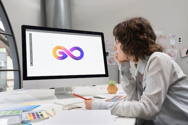 Logodesigner, der an einem Computer-Desktop arbeitet