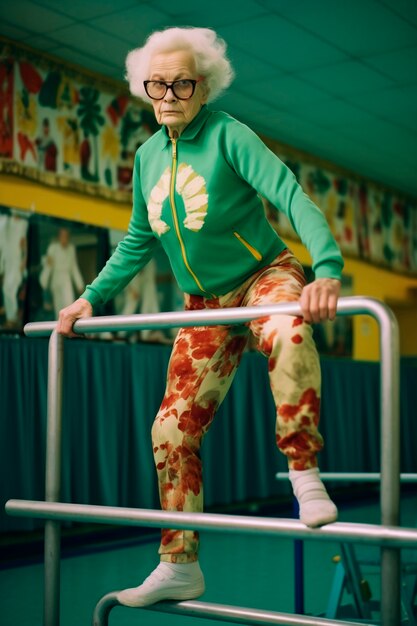 Ältere Frau trainiert Gymnastik mit Stangen