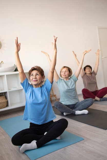 Ältere Frauen, die zu Hause gemeinsam Yoga und Fitness machen