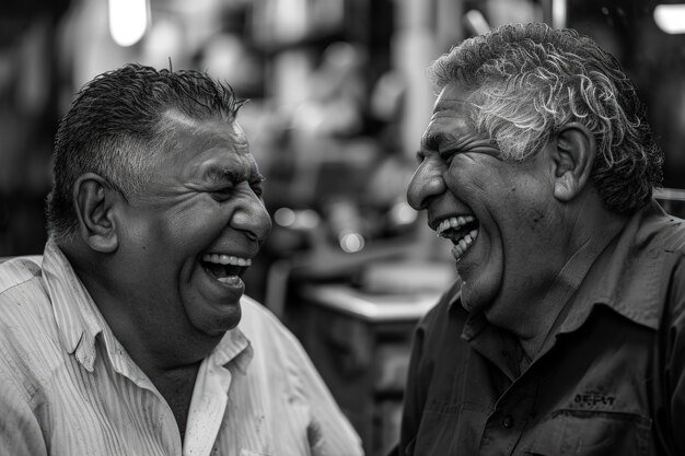 Ältere Männer in mittlerer Einstellung lachen