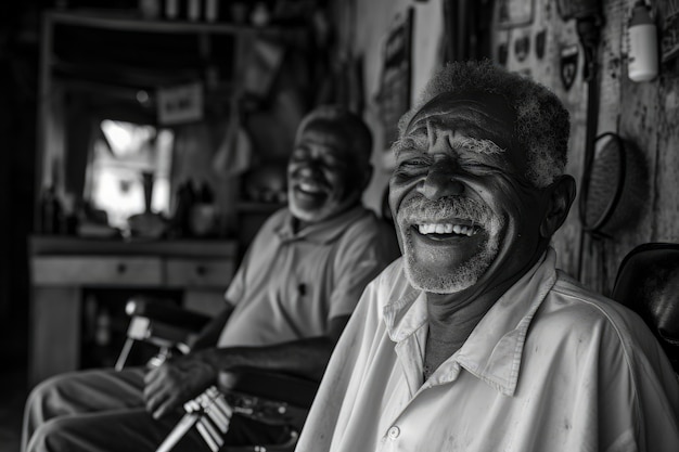 Ältere Männer in mittlerer Einstellung lachen