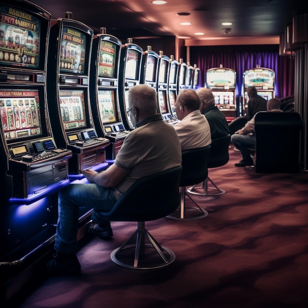 Ältere Männer sitzen im Casino und spielen Spielautomaten um Geld Glücksspielkonzept