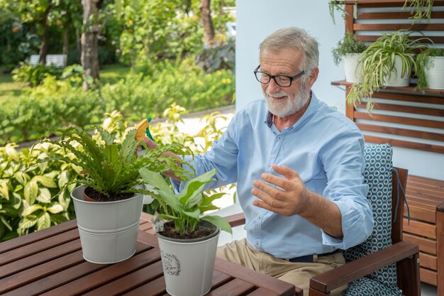 Älterer alter Mann, der Wasser reinigt und sich um einen kleinen Baum auf dem Tisch kümmert