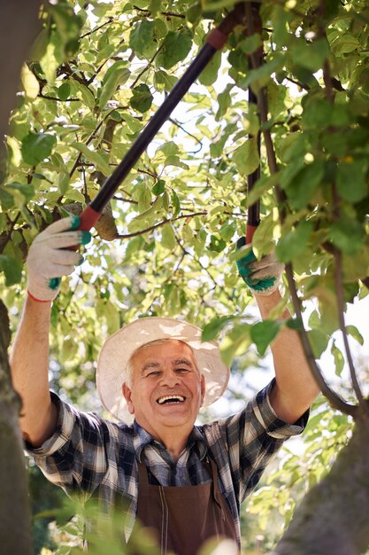 Älterer Mann, der im Feld arbeitet