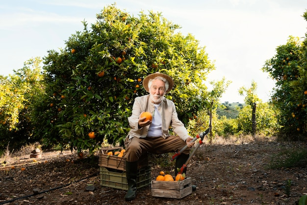 Älterer Mann mit frischen Orangen