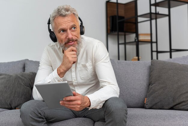 Älterer Mann mit Kopfhörern zu Hause mit Tablet-Gerät