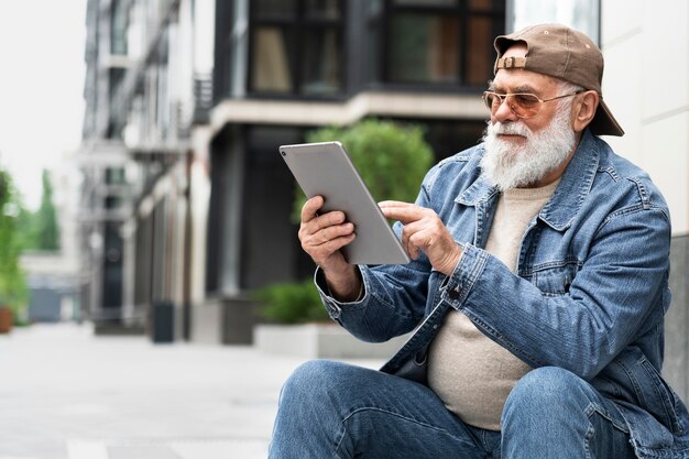 Älterer Mann mit Tablet im Freien in der Stadt