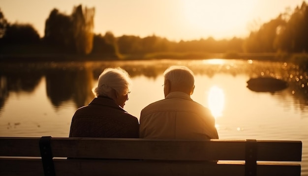 Älteres Paar, das gemeinsam den Sonnenuntergang am von KI erzeugten Wasser genießt