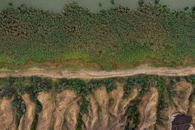 Luftansicht der Landstraße, die Weinkellerei und Sanddünen teilt. Textur der grünen Pflanzen Ansicht von oben.