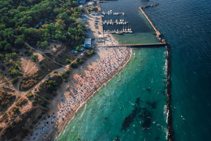 Kostenlose Foto luftaufnahme der menschenmenge am strand