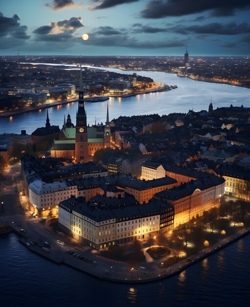 Luftaufnahme der Stadt am Wasser