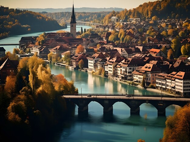 Luftaufnahme der Stadt am Wasser
