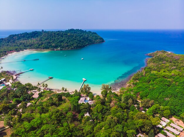 Luftaufnahme des schönen Strandes und des Meeres mit KokosnussPalme