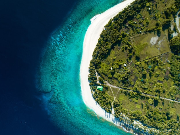 Luftaufnahme von Malediven, die den erstaunlichen Strand das klare blaue Meer und den Dschungel zeigt