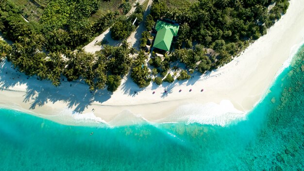 Luftaufnahme von Malediven, die den erstaunlichen Strand das klare blaue Meer und den Dschungel zeigt