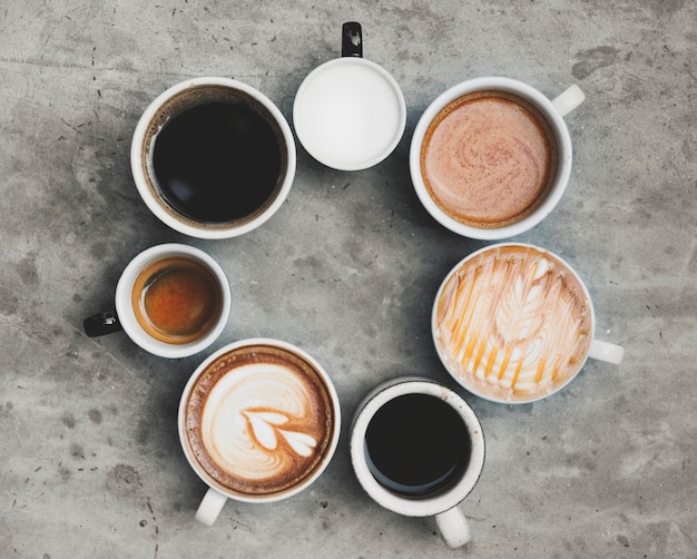 Luftaufnahme von verschiedenen kaffee
