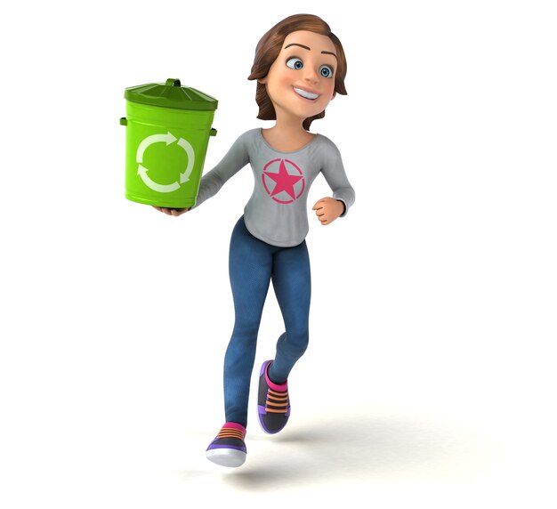 Lustige 3D-Illustration eines Karikatur-Teenager-Mädchens mit Mülleimer