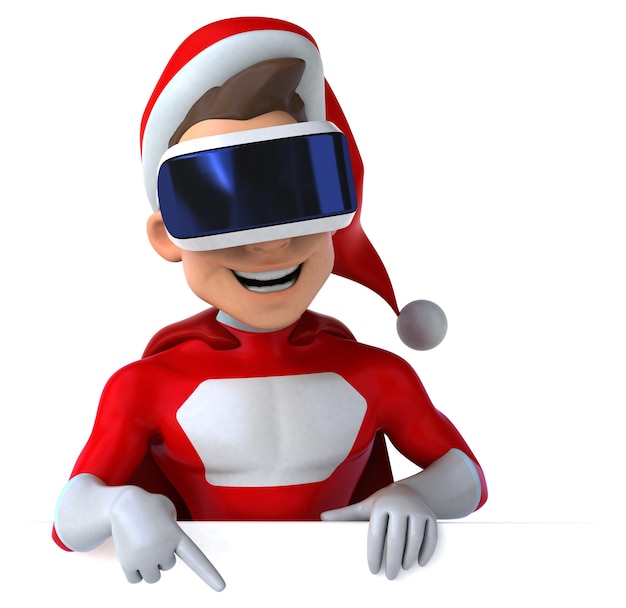 Lustige 3D-Illustration eines Super-Weihnachtsmanns mit einem VR-Helm