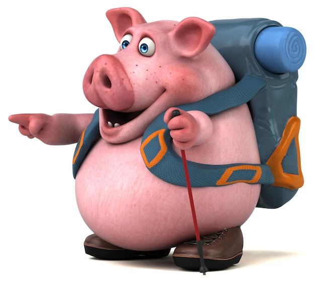 Lustige backpacker-schwein-cartoon-figur