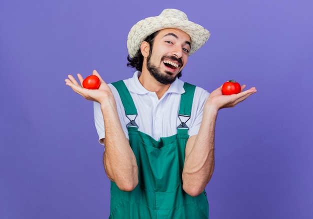 Lustiger junger bärtiger gärtnermann, der overall und hut hält und frische tomaten hält, die fröhlich über der blauen wand stehen