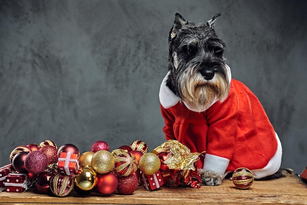 Kostenloses Foto lustiger schnauzer-hund, gekleidet in weihnachtskleid auf einer holzkiste mit weihnachtsgirlandenkugeln auf grauem hintergrund.